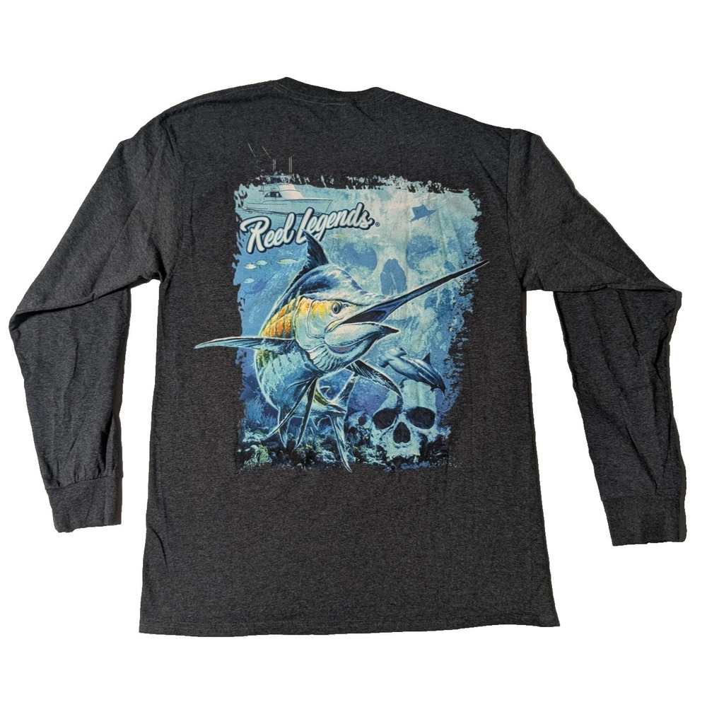 Reel Legends Blue Marlin Skull Fishing Boat Gray‎ Long Sleeve Shirt - Men Medium